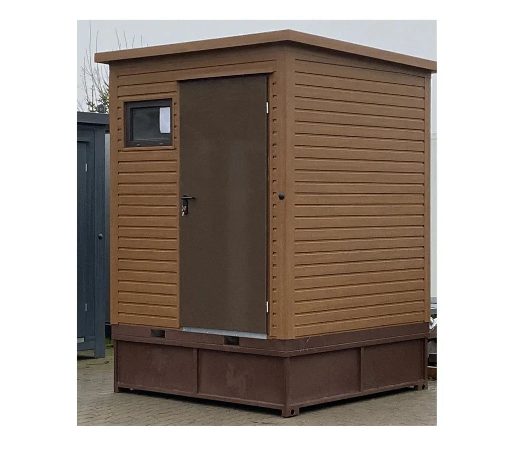 Contenedor sanitario en diseño de madera con depósito de residuos