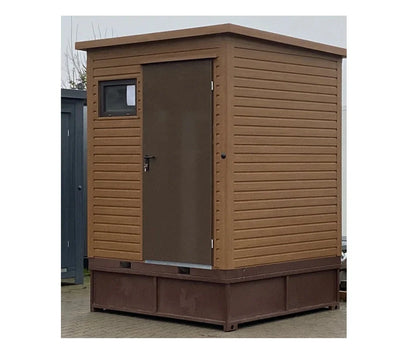 Contenedor sanitario en diseño de madera con depósito de residuos