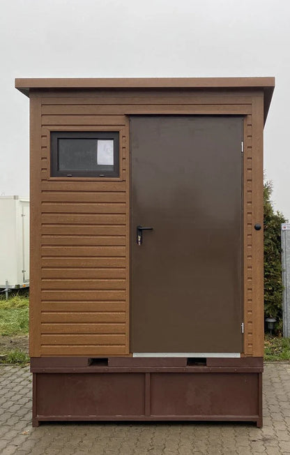 Contenedor sanitario en diseño de madera con depósito de residuos